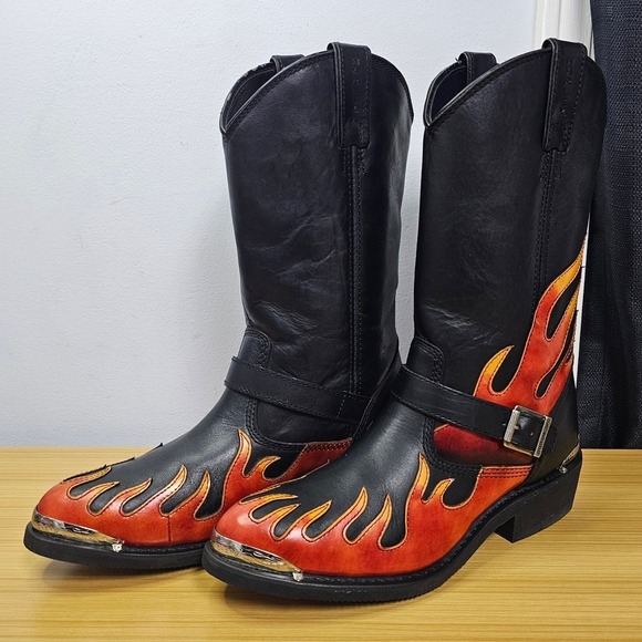 Harley Davidson Leather Harness Flame Overlay Boots Size 10.5 Tall Motorcycle - Picture 3 of 12